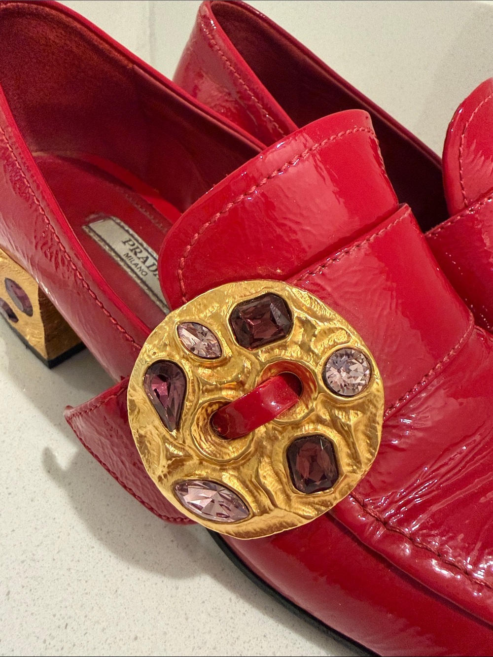 Prada Red Patent Leather Loafers with Gold Medallion - Picture 8 of 8